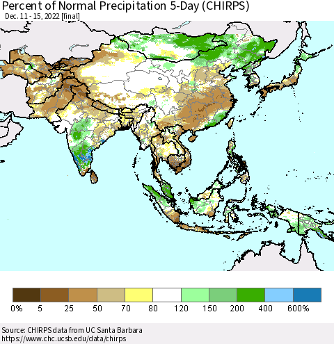 Asia Percent of Normal Precipitation 5-Day (CHIRPS) Thematic Map For 12/11/2022 - 12/15/2022