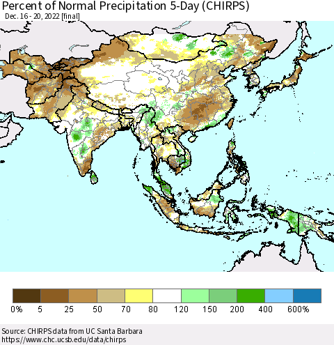 Asia Percent of Normal Precipitation 5-Day (CHIRPS) Thematic Map For 12/16/2022 - 12/20/2022