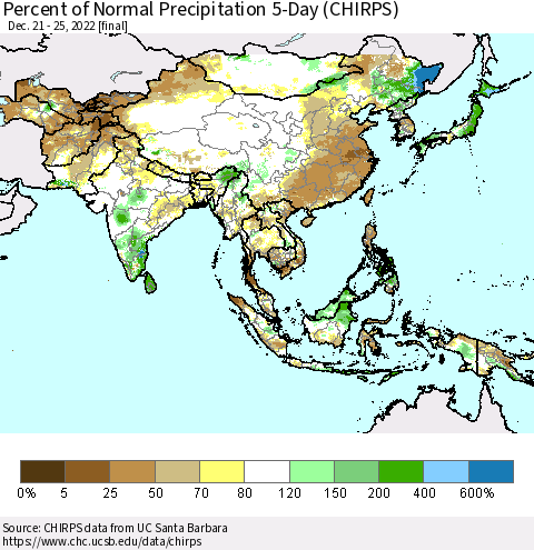 Asia Percent of Normal Precipitation 5-Day (CHIRPS) Thematic Map For 12/21/2022 - 12/25/2022