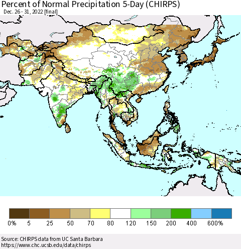 Asia Percent of Normal Precipitation 5-Day (CHIRPS) Thematic Map For 12/26/2022 - 12/31/2022