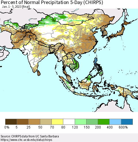Asia Percent of Normal Precipitation 5-Day (CHIRPS) Thematic Map For 1/1/2023 - 1/5/2023