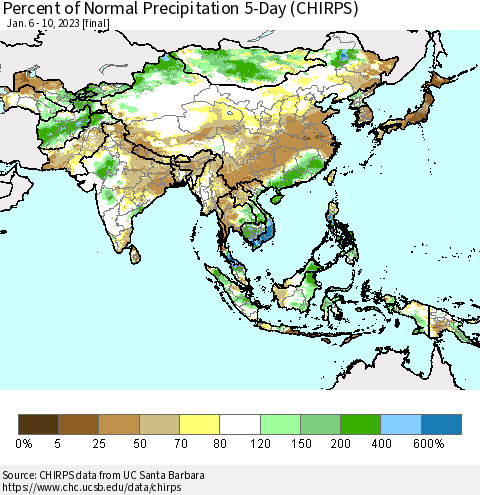 Asia Percent of Normal Precipitation 5-Day (CHIRPS) Thematic Map For 1/6/2023 - 1/10/2023