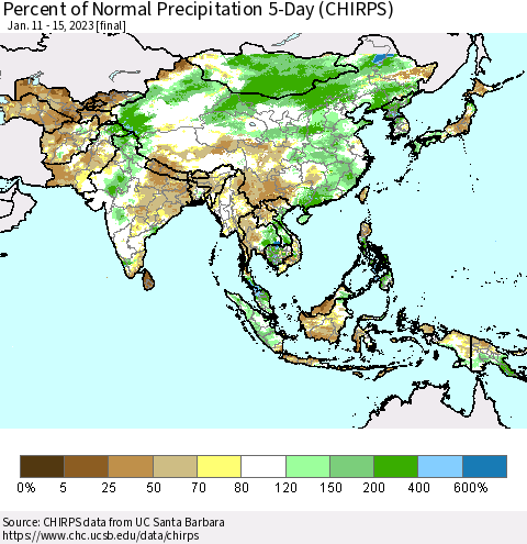 Asia Percent of Normal Precipitation 5-Day (CHIRPS) Thematic Map For 1/11/2023 - 1/15/2023
