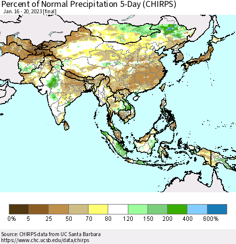 Asia Percent of Normal Precipitation 5-Day (CHIRPS) Thematic Map For 1/16/2023 - 1/20/2023