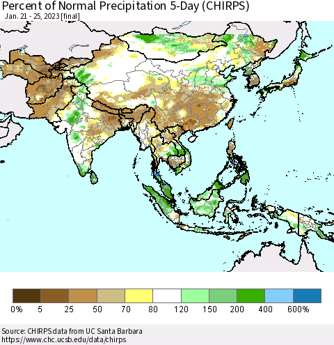 Asia Percent of Normal Precipitation 5-Day (CHIRPS) Thematic Map For 1/21/2023 - 1/25/2023
