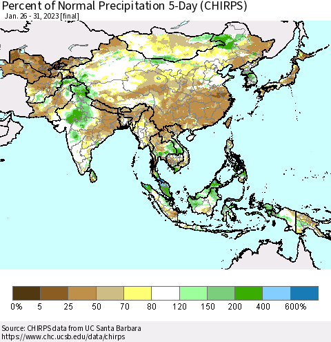 Asia Percent of Normal Precipitation 5-Day (CHIRPS) Thematic Map For 1/26/2023 - 1/31/2023