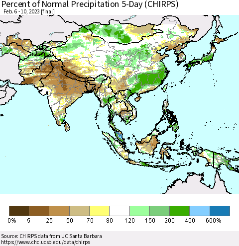 Asia Percent of Normal Precipitation 5-Day (CHIRPS) Thematic Map For 2/6/2023 - 2/10/2023