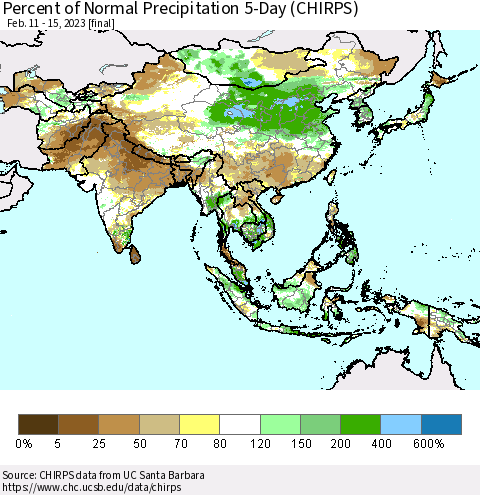 Asia Percent of Normal Precipitation 5-Day (CHIRPS) Thematic Map For 2/11/2023 - 2/15/2023