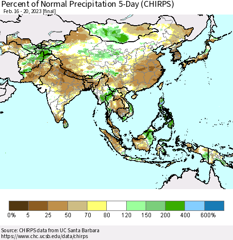 Asia Percent of Normal Precipitation 5-Day (CHIRPS) Thematic Map For 2/16/2023 - 2/20/2023