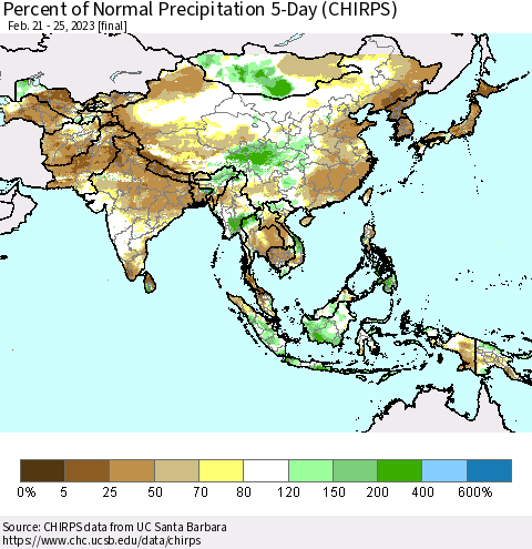 Asia Percent of Normal Precipitation 5-Day (CHIRPS) Thematic Map For 2/21/2023 - 2/25/2023