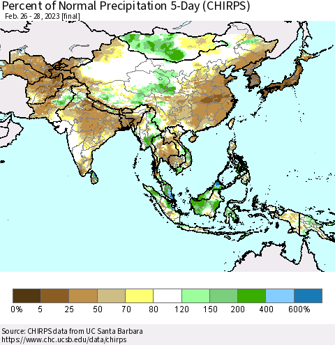 Asia Percent of Normal Precipitation 5-Day (CHIRPS) Thematic Map For 2/26/2023 - 2/28/2023