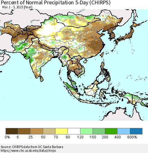 Asia Percent of Normal Precipitation 5-Day (CHIRPS) Thematic Map For 3/1/2023 - 3/5/2023