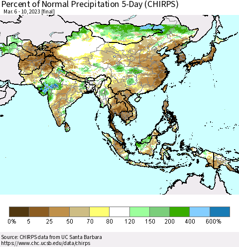 Asia Percent of Normal Precipitation 5-Day (CHIRPS) Thematic Map For 3/6/2023 - 3/10/2023