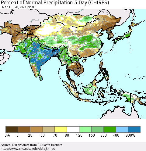 Asia Percent of Normal Precipitation 5-Day (CHIRPS) Thematic Map For 3/16/2023 - 3/20/2023