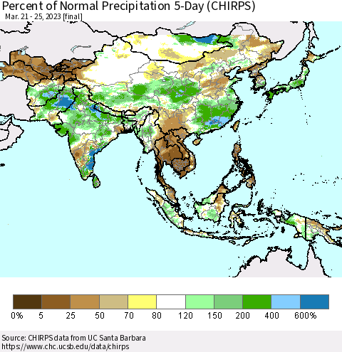 Asia Percent of Normal Precipitation 5-Day (CHIRPS) Thematic Map For 3/21/2023 - 3/25/2023