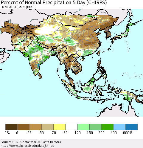 Asia Percent of Normal Precipitation 5-Day (CHIRPS) Thematic Map For 3/26/2023 - 3/31/2023