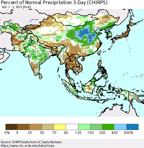 Asia Percent of Normal Precipitation 5-Day (CHIRPS) Thematic Map For 4/1/2023 - 4/5/2023