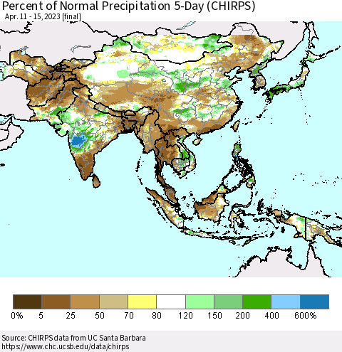 Asia Percent of Normal Precipitation 5-Day (CHIRPS) Thematic Map For 4/11/2023 - 4/15/2023