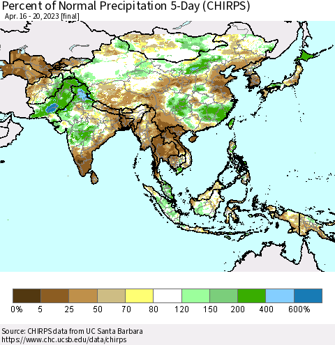 Asia Percent of Normal Precipitation 5-Day (CHIRPS) Thematic Map For 4/16/2023 - 4/20/2023