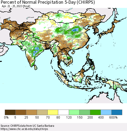 Asia Percent of Normal Precipitation 5-Day (CHIRPS) Thematic Map For 4/21/2023 - 4/25/2023
