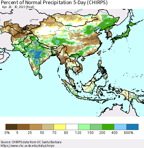 Asia Percent of Normal Precipitation 5-Day (CHIRPS) Thematic Map For 4/26/2023 - 4/30/2023