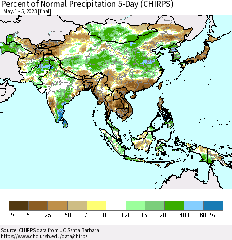 Asia Percent of Normal Precipitation 5-Day (CHIRPS) Thematic Map For 5/1/2023 - 5/5/2023