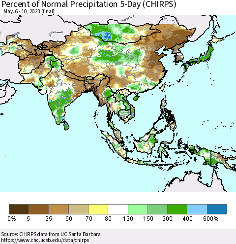 Asia Percent of Normal Precipitation 5-Day (CHIRPS) Thematic Map For 5/6/2023 - 5/10/2023