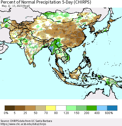 Asia Percent of Normal Precipitation 5-Day (CHIRPS) Thematic Map For 5/11/2023 - 5/15/2023