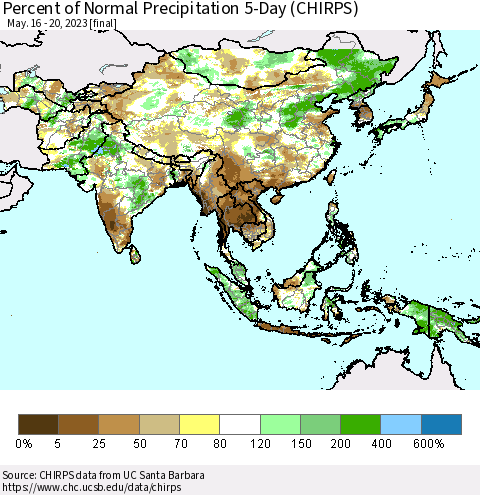 Asia Percent of Normal Precipitation 5-Day (CHIRPS) Thematic Map For 5/16/2023 - 5/20/2023