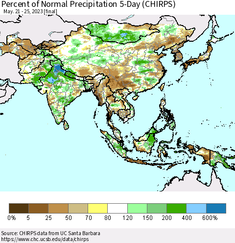 Asia Percent of Normal Precipitation 5-Day (CHIRPS) Thematic Map For 5/21/2023 - 5/25/2023