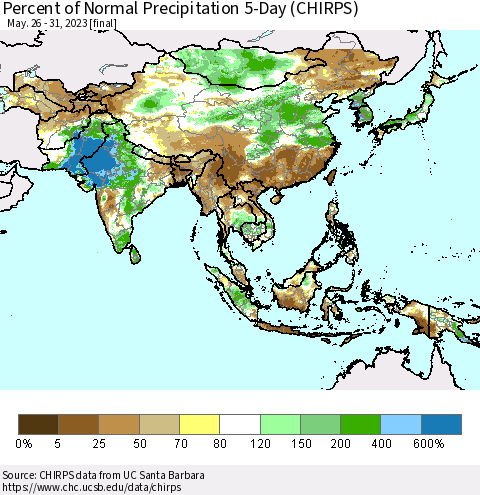 Asia Percent of Normal Precipitation 5-Day (CHIRPS) Thematic Map For 5/26/2023 - 5/31/2023