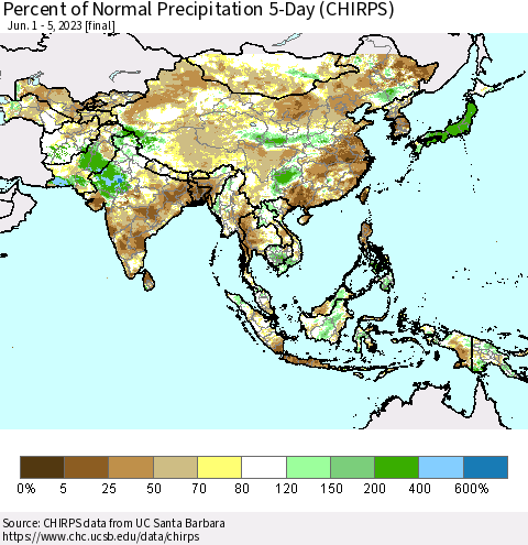 Asia Percent of Normal Precipitation 5-Day (CHIRPS) Thematic Map For 6/1/2023 - 6/5/2023
