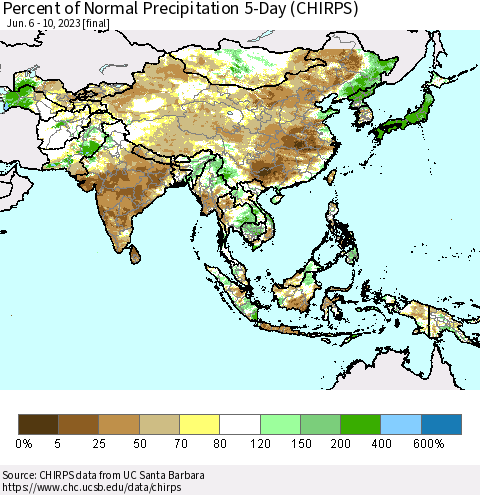 Asia Percent of Normal Precipitation 5-Day (CHIRPS) Thematic Map For 6/6/2023 - 6/10/2023