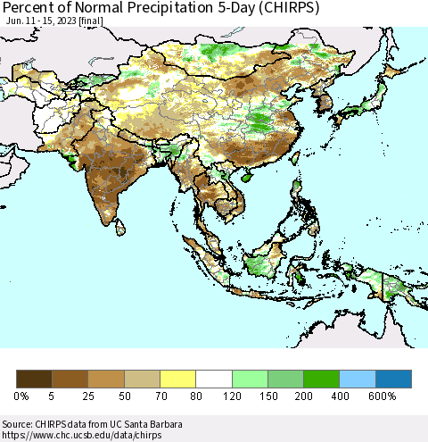 Asia Percent of Normal Precipitation 5-Day (CHIRPS) Thematic Map For 6/11/2023 - 6/15/2023