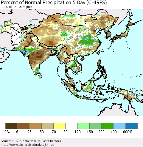 Asia Percent of Normal Precipitation 5-Day (CHIRPS) Thematic Map For 6/16/2023 - 6/20/2023