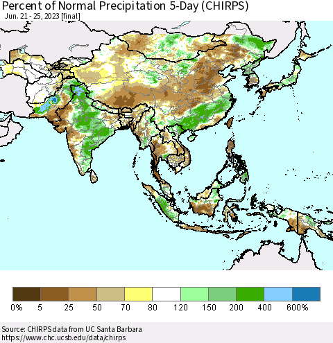 Asia Percent of Normal Precipitation 5-Day (CHIRPS) Thematic Map For 6/21/2023 - 6/25/2023