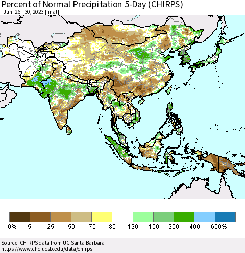 Asia Percent of Normal Precipitation 5-Day (CHIRPS) Thematic Map For 6/26/2023 - 6/30/2023