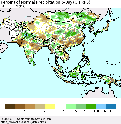 Asia Percent of Normal Precipitation 5-Day (CHIRPS) Thematic Map For 7/1/2023 - 7/5/2023