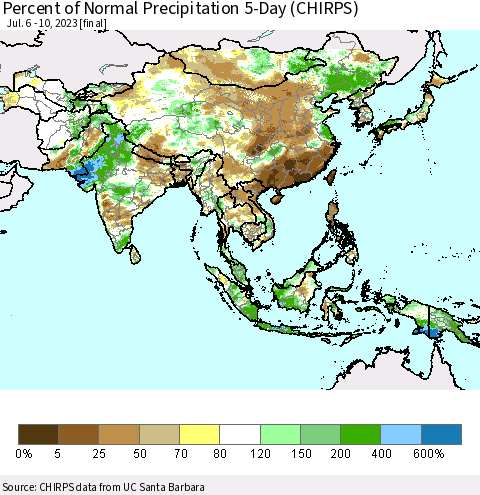 Asia Percent of Normal Precipitation 5-Day (CHIRPS) Thematic Map For 7/6/2023 - 7/10/2023