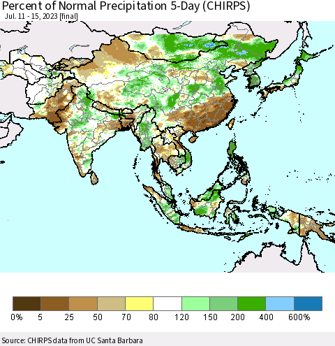 Asia Percent of Normal Precipitation 5-Day (CHIRPS) Thematic Map For 7/11/2023 - 7/15/2023