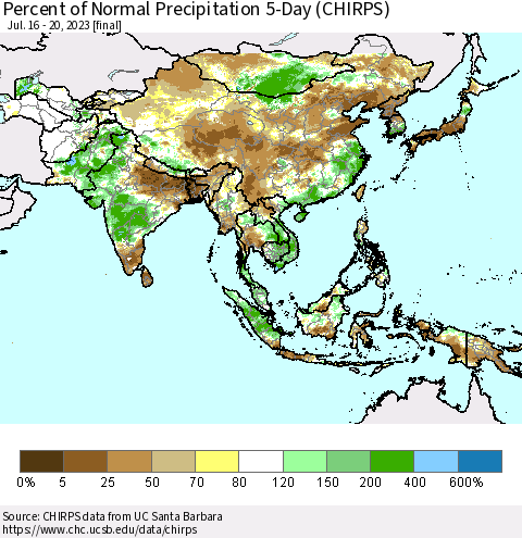 Asia Percent of Normal Precipitation 5-Day (CHIRPS) Thematic Map For 7/16/2023 - 7/20/2023