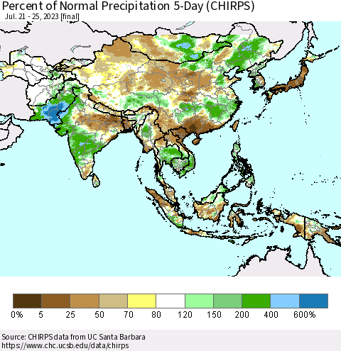 Asia Percent of Normal Precipitation 5-Day (CHIRPS) Thematic Map For 7/21/2023 - 7/25/2023