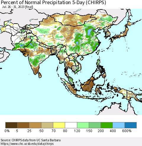 Asia Percent of Normal Precipitation 5-Day (CHIRPS) Thematic Map For 7/26/2023 - 7/31/2023