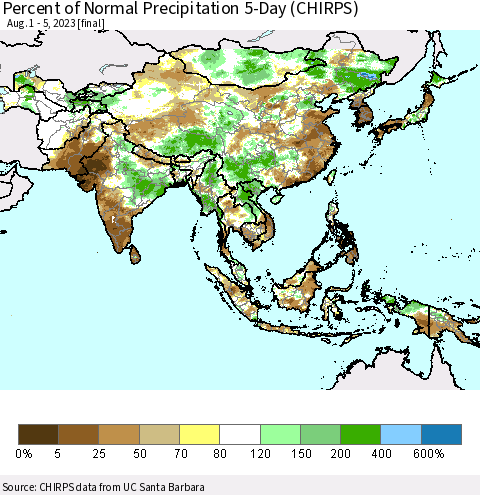 Asia Percent of Normal Precipitation 5-Day (CHIRPS) Thematic Map For 8/1/2023 - 8/5/2023