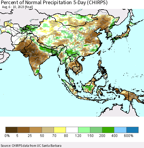 Asia Percent of Normal Precipitation 5-Day (CHIRPS) Thematic Map For 8/6/2023 - 8/10/2023