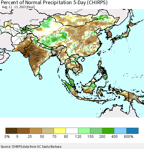 Asia Percent of Normal Precipitation 5-Day (CHIRPS) Thematic Map For 8/11/2023 - 8/15/2023