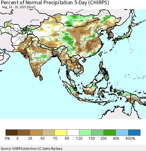 Asia Percent of Normal Precipitation 5-Day (CHIRPS) Thematic Map For 8/16/2023 - 8/20/2023