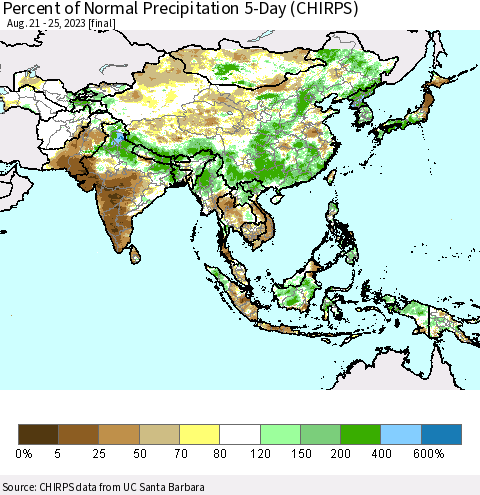 Asia Percent of Normal Precipitation 5-Day (CHIRPS) Thematic Map For 8/21/2023 - 8/25/2023