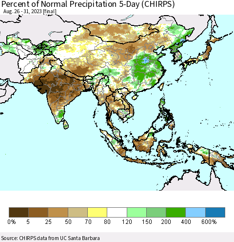 Asia Percent of Normal Precipitation 5-Day (CHIRPS) Thematic Map For 8/26/2023 - 8/31/2023