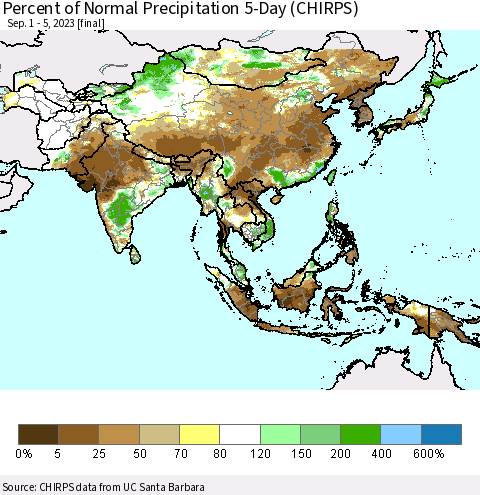 Asia Percent of Normal Precipitation 5-Day (CHIRPS) Thematic Map For 9/1/2023 - 9/5/2023